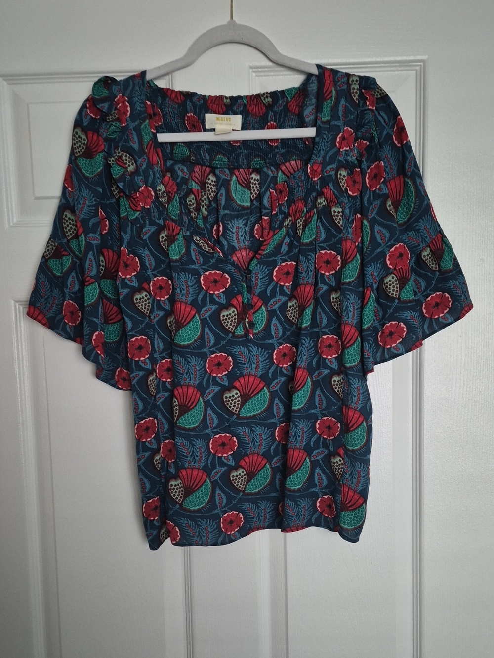 Anthropologie Smocked Floral Peasant Top in Teal and Red - Women